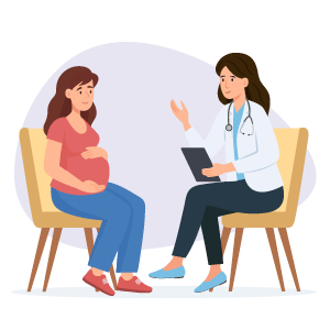A pregnant female character at a doctor’s office discussing pregnancy-related risks.
